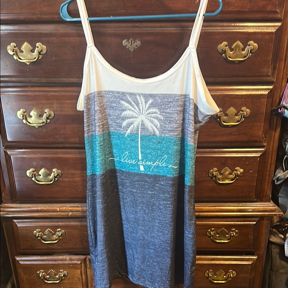 Blue and White Sleeveless Dress with Palm Tree Design